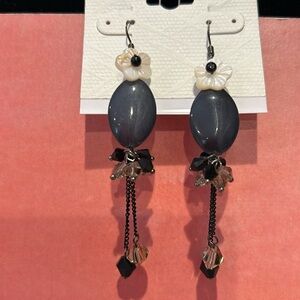 Mother of Pearl Flower With Gray and Black Crystals Earrings-Boutique